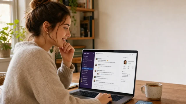 Woman in a beige sweater typing on a laptop at a wooden table; chat app open on screen, with a mug and smartphone nearby. - featured-7