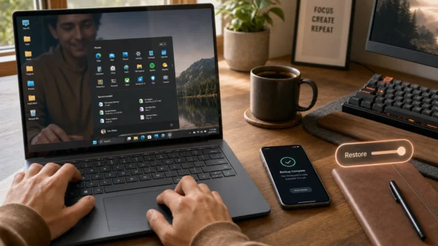 Person using a laptop at a wooden desk while a phone shows 'Backup Complete' and a glowing 'Restore' control nearby. - featured-9