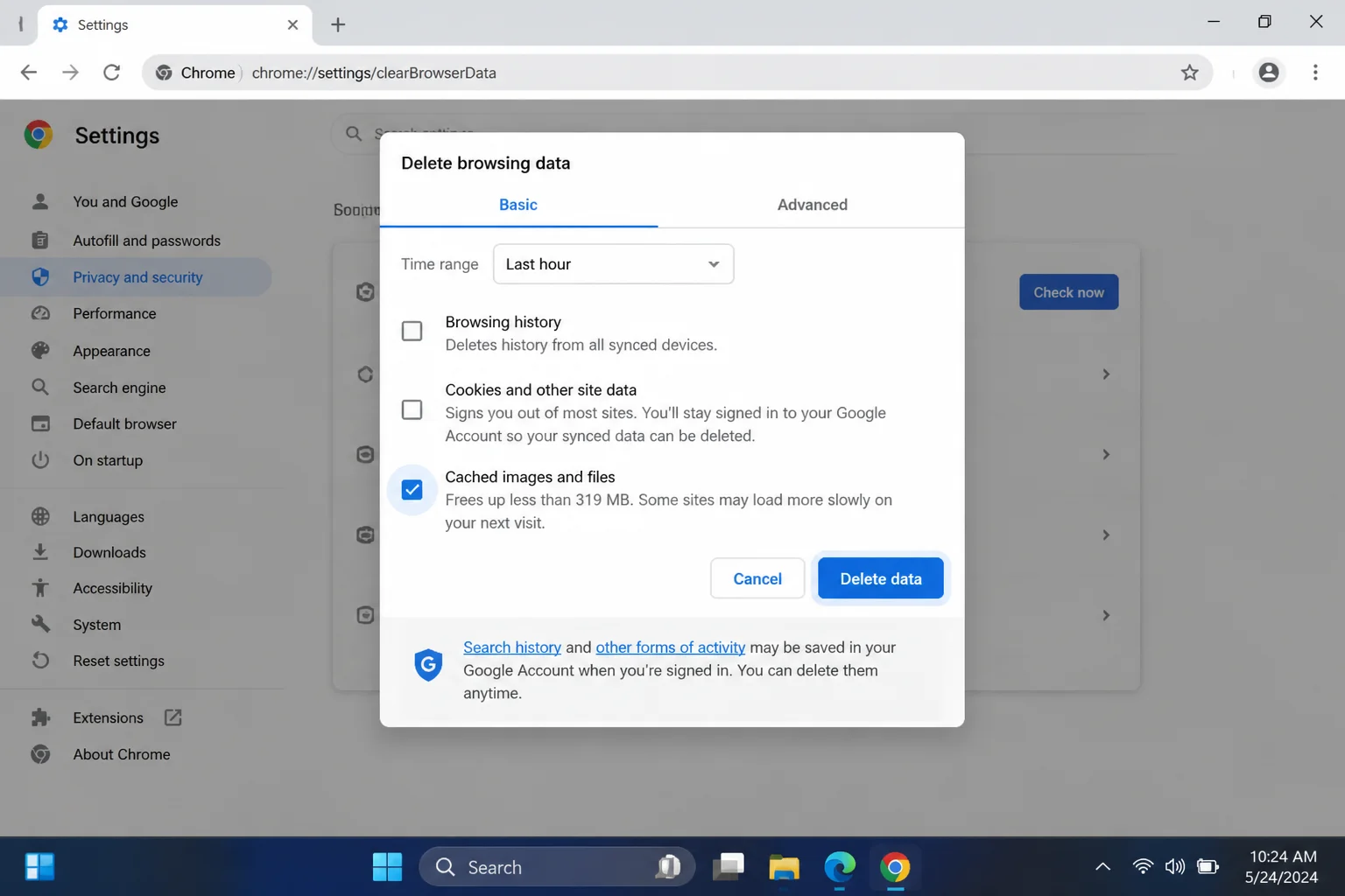 Chrome's Clear browsing data dialog with the Cached images and files checkbox and Clear data button highlighted