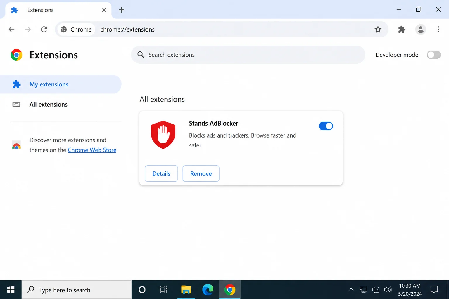Chrome extensions management page (chrome://extensions) showing the on/off toggle for an ad-blocker extension