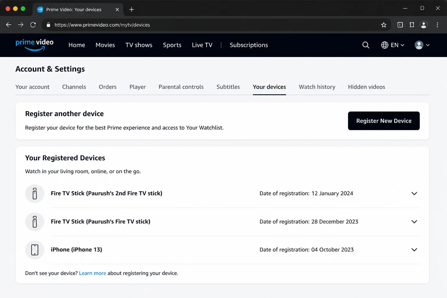 Prime Video account settings page showing the Manage Your Devices section listing registered devices