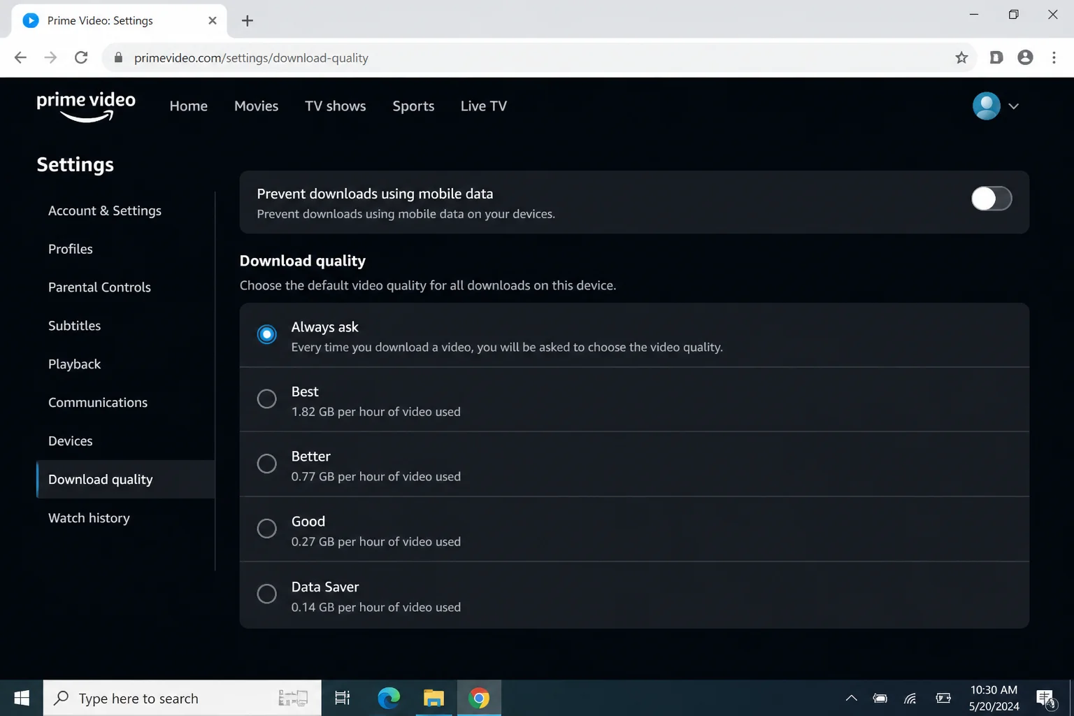 Prime Video streaming/data usage quality setting in account settings, with the quality selector highlighted