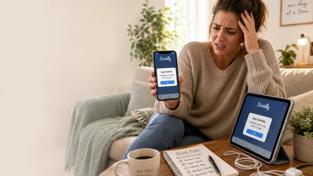 Frustrated woman on a sofa holds up a smartphone showing an 'App Crashing' error; a tablet on the table also displays the same message in a cozy living room. - How to Fix Instagram App Crashing and Freezing on iPhone and Android