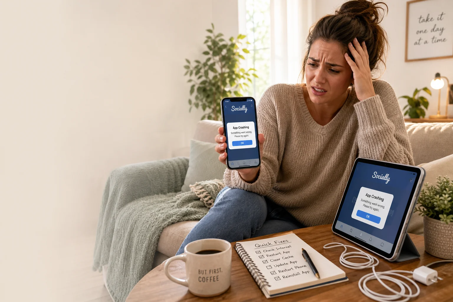 Frustrated woman on a sofa holds up a smartphone showing an 'App Crashing' error; a tablet on the table also displays the same message in a cozy living room. - How to Fix Instagram App Crashing and Freezing on iPhone and Android