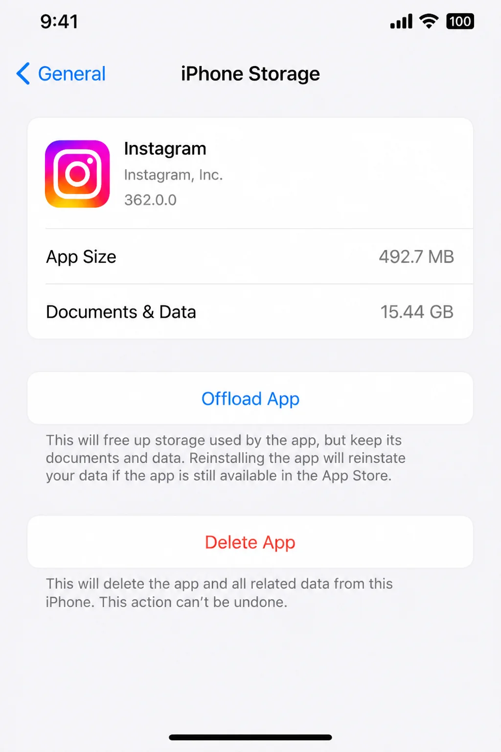 iOS Settings > General > iPhone Storage screen showing the Instagram app listing with Offload App and Delete App options