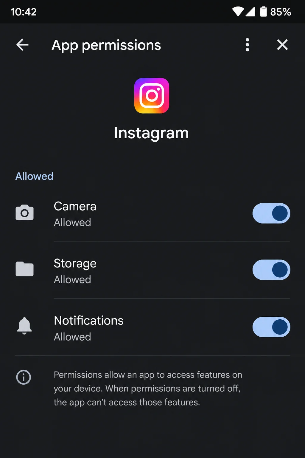 Android App info Permissions screen for Instagram showing Camera, Storage, and Notifications permissions