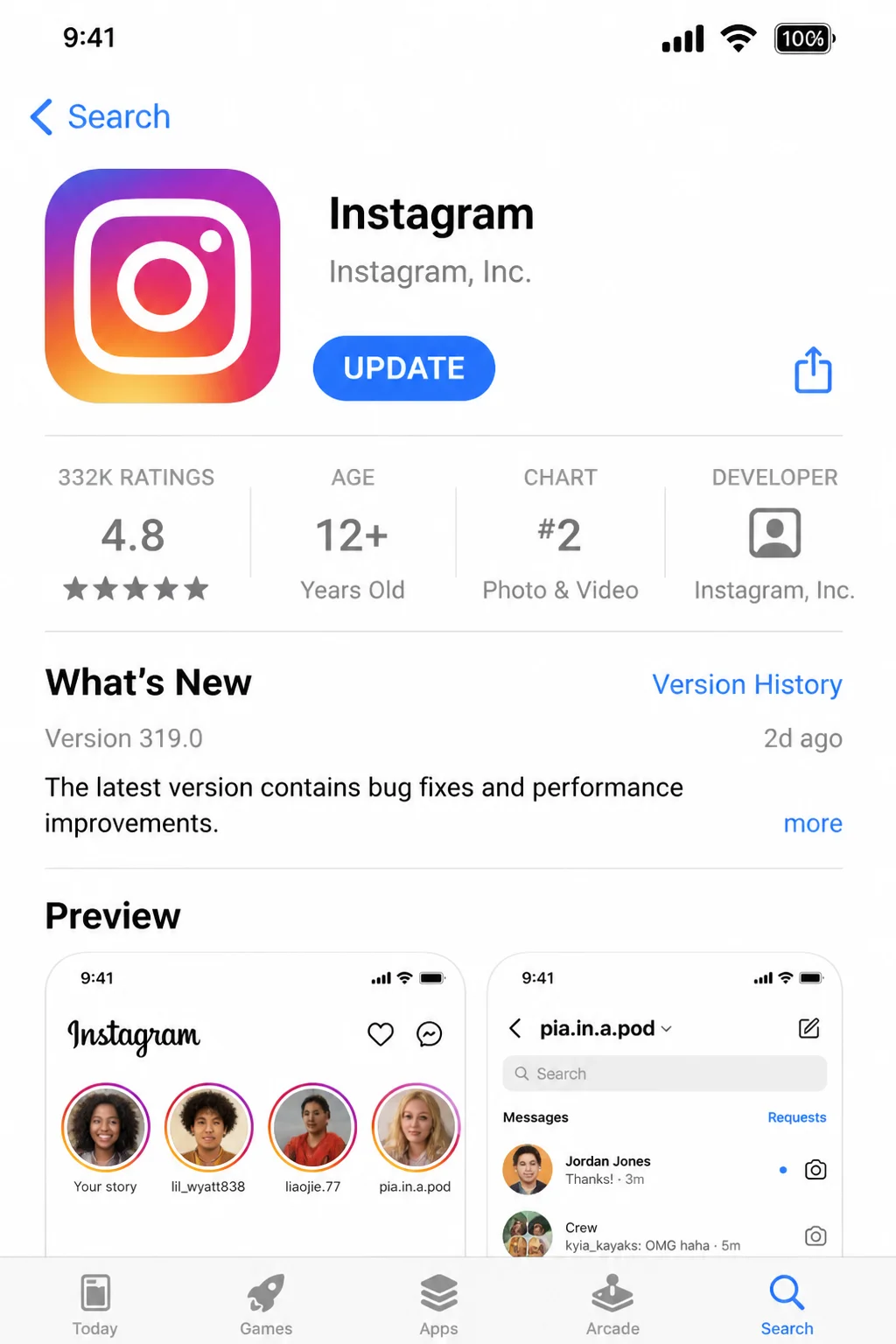 App Store listing for Instagram showing an available Update button