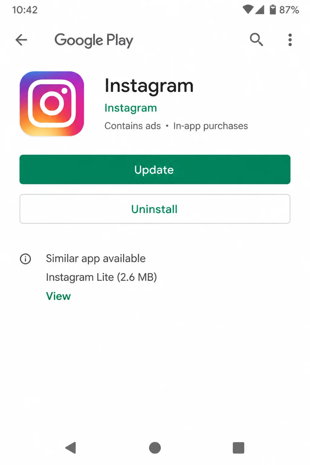 Google Play Store listing for Instagram showing an available Update button