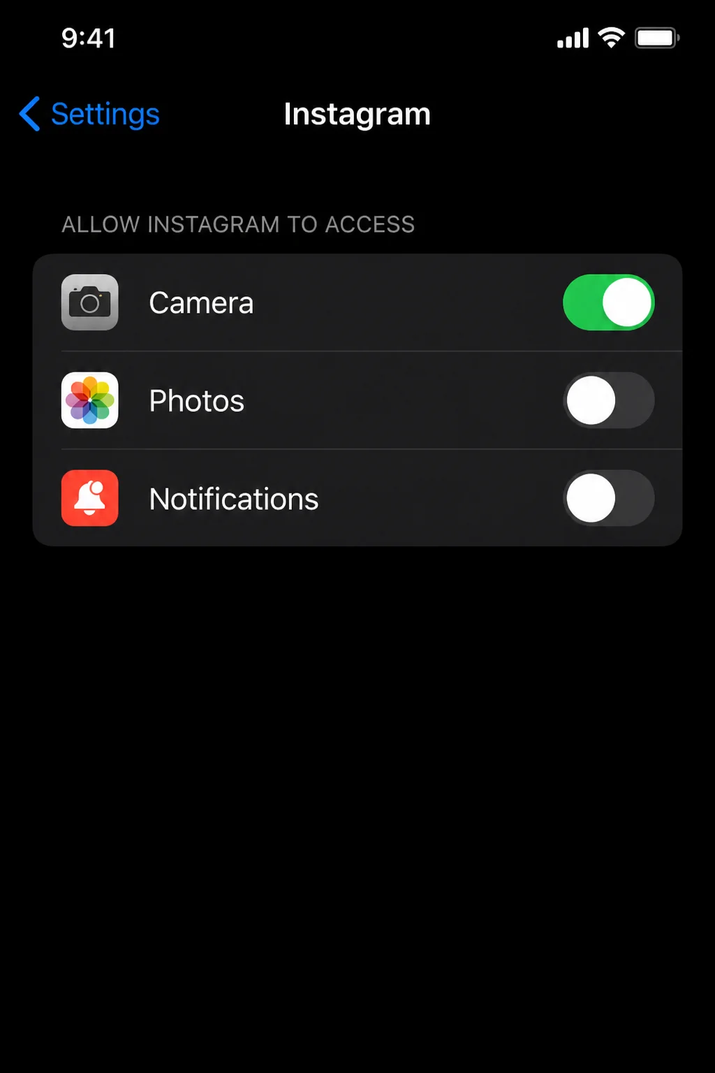 iOS Settings app permissions screen for Instagram showing Camera, Photos, and Notifications toggles