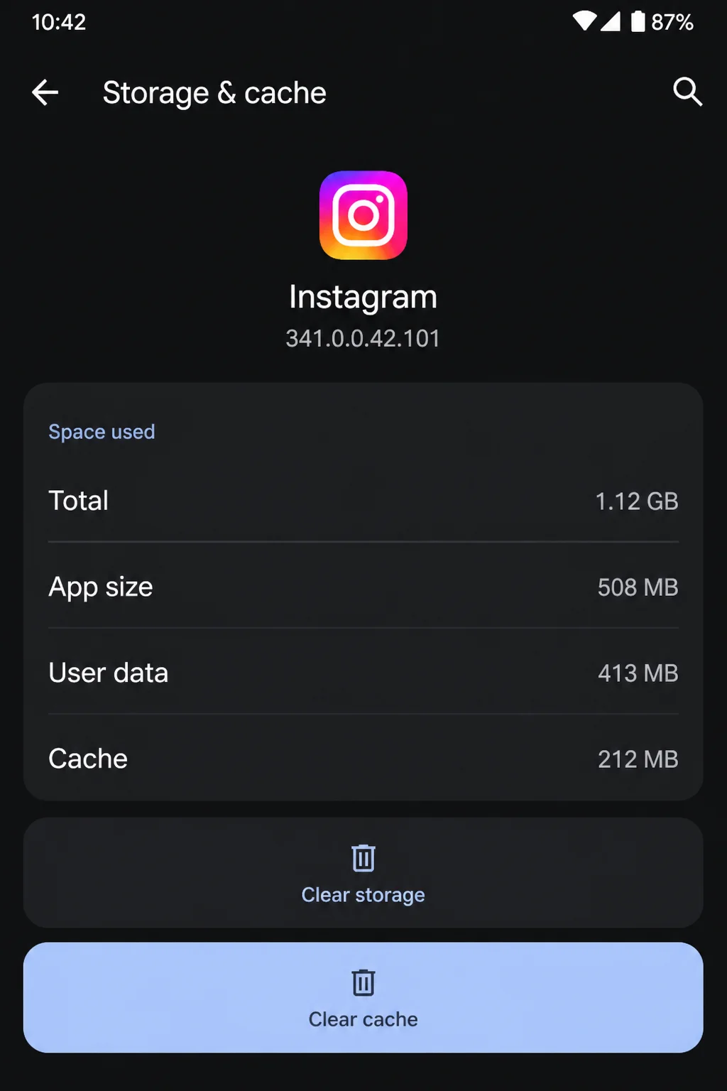 Android Settings > Apps > Instagram > Storage & cache screen with the Clear Cache button visible