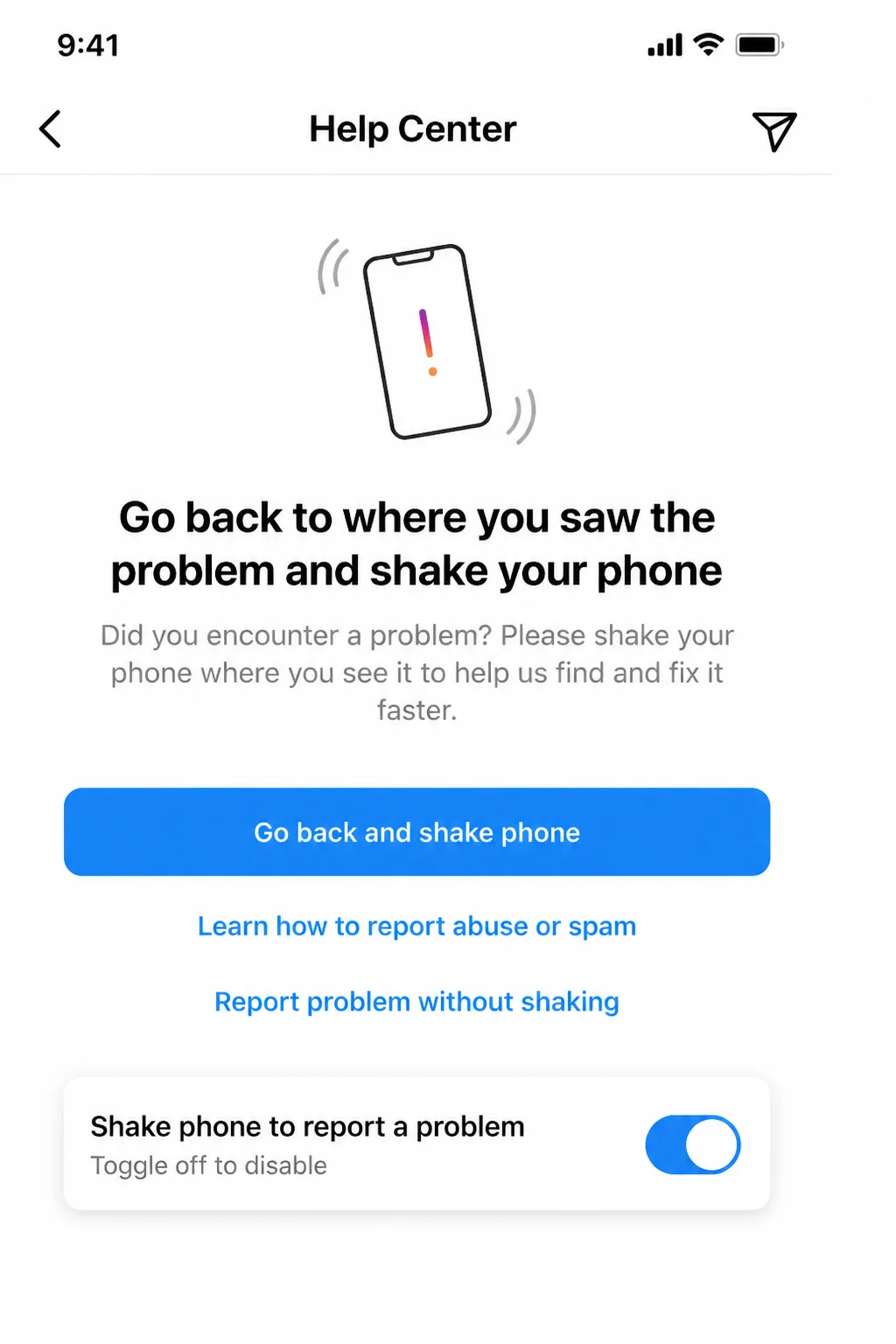 Instagram in-app Help Center menu with the Report a Problem option visible