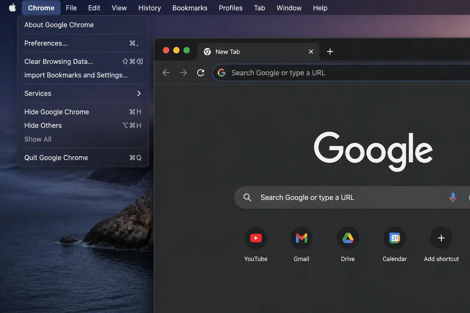 macOS menu bar with the Chrome menu open, showing the About Google Chrome option