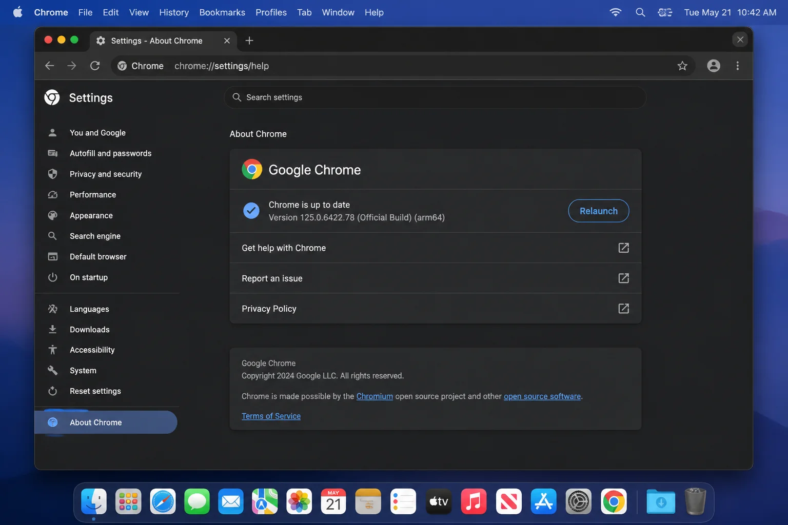 Chrome's About Chrome page showing the current version number and the Relaunch button after an update finishes downloading