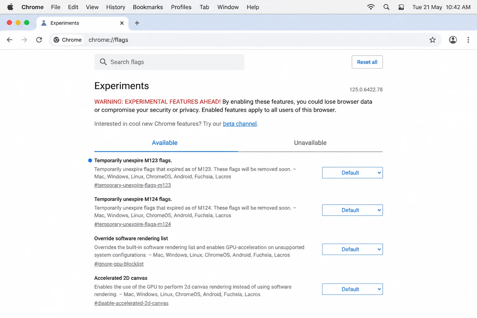 Chrome's experimental flags page chrome://flags with the Reset all button visible at the top