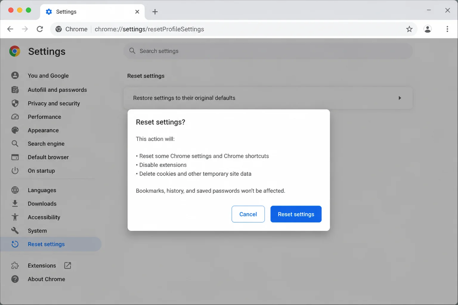 Chrome's Reset Settings confirmation dialog explaining that the reset restores defaults without deleting bookmarks, history, or saved passwords