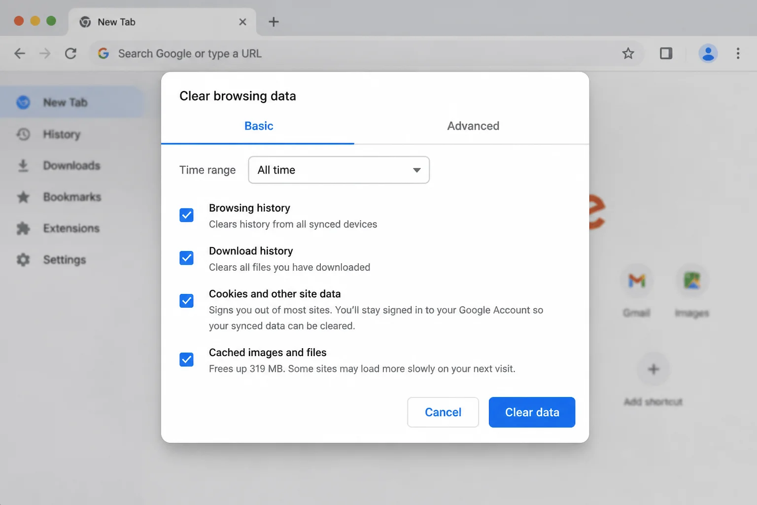 Chrome's Clear browsing data dialog with the Cookies and other site data and Cached images and files checkboxes selected and the time range set to All time