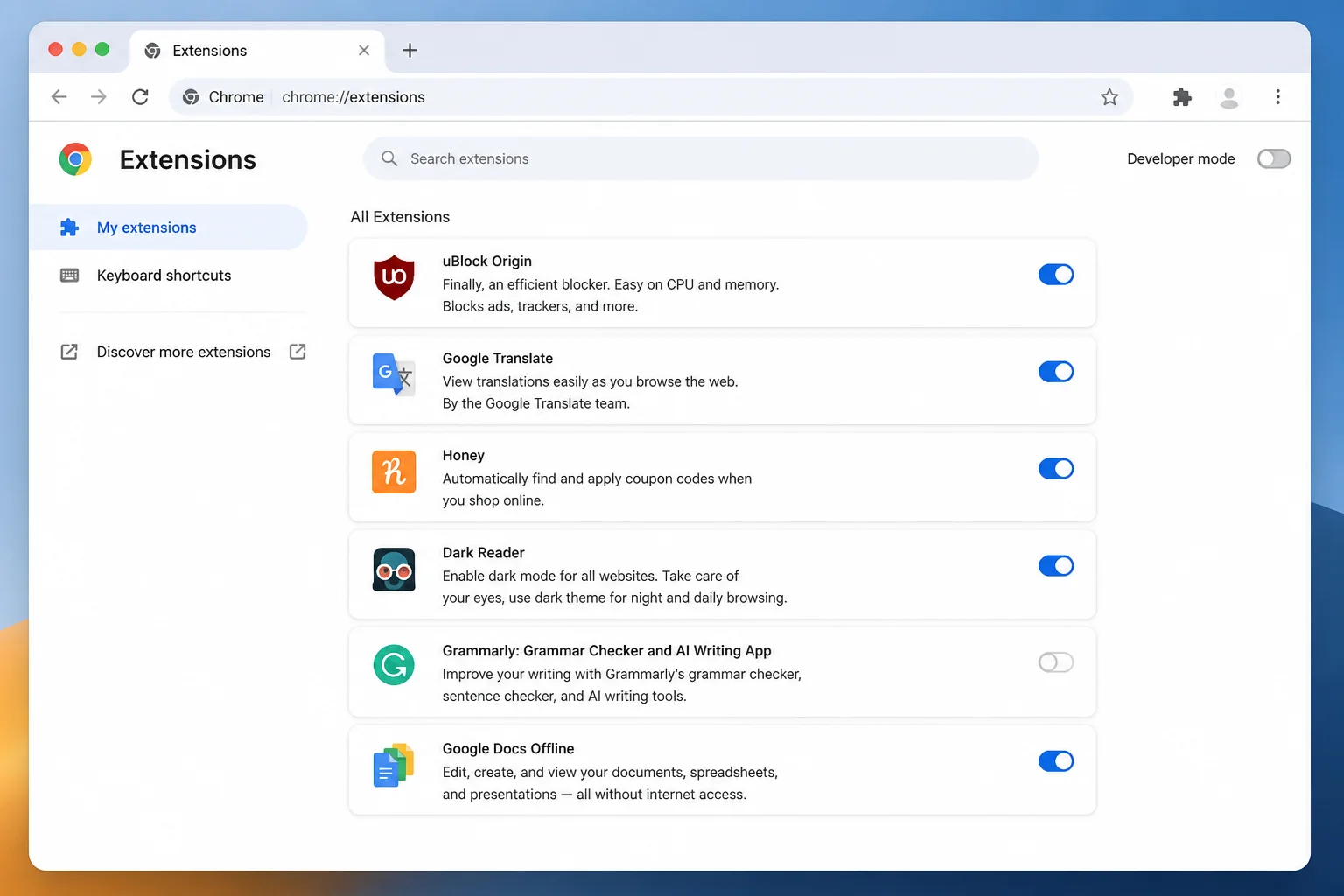 Chrome's Extensions management page listing installed extensions with their on/off toggle switches