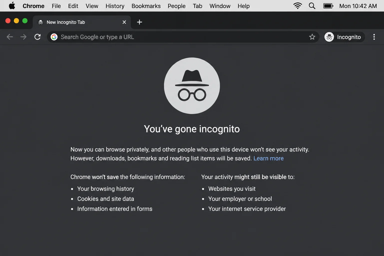 A Chrome Incognito window's new tab screen showing the Incognito icon and the note that extensions are disabled by default