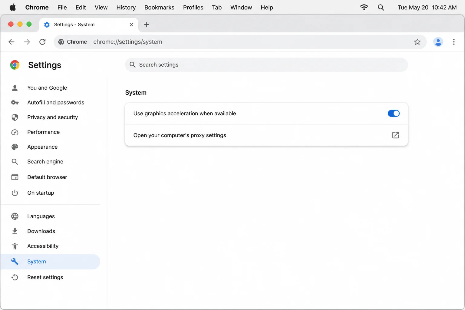 Chrome's System settings page showing the Use graphics acceleration when available toggle