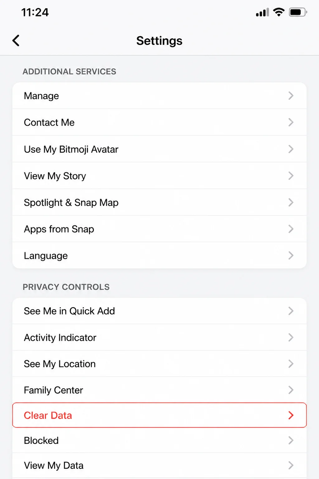 Snapchat Settings page showing the Clear Data or Clear Cache control highlighted