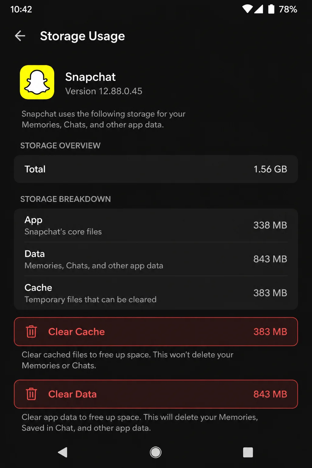 Android Snapchat Storage and cache screen with Clear cache and Clear storage highlighted