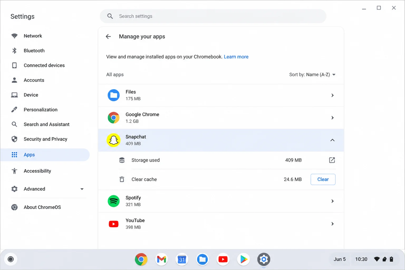 ChromeOS Settings Apps management page with the Snapchat app entry and Apps section highlighted
