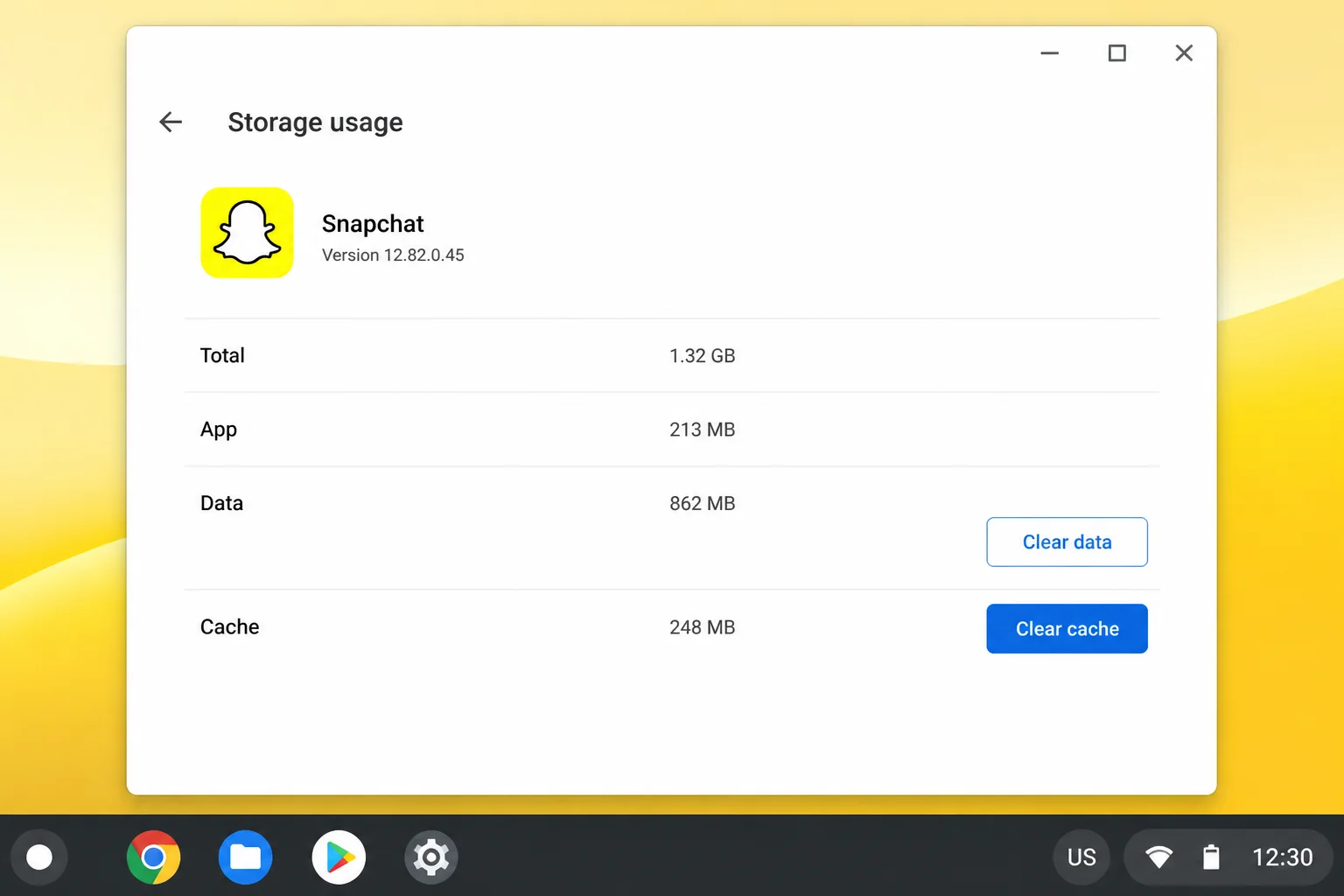 Snapchat app details in ChromeOS showing Storage usage and the Clear cache and Clear storage controls