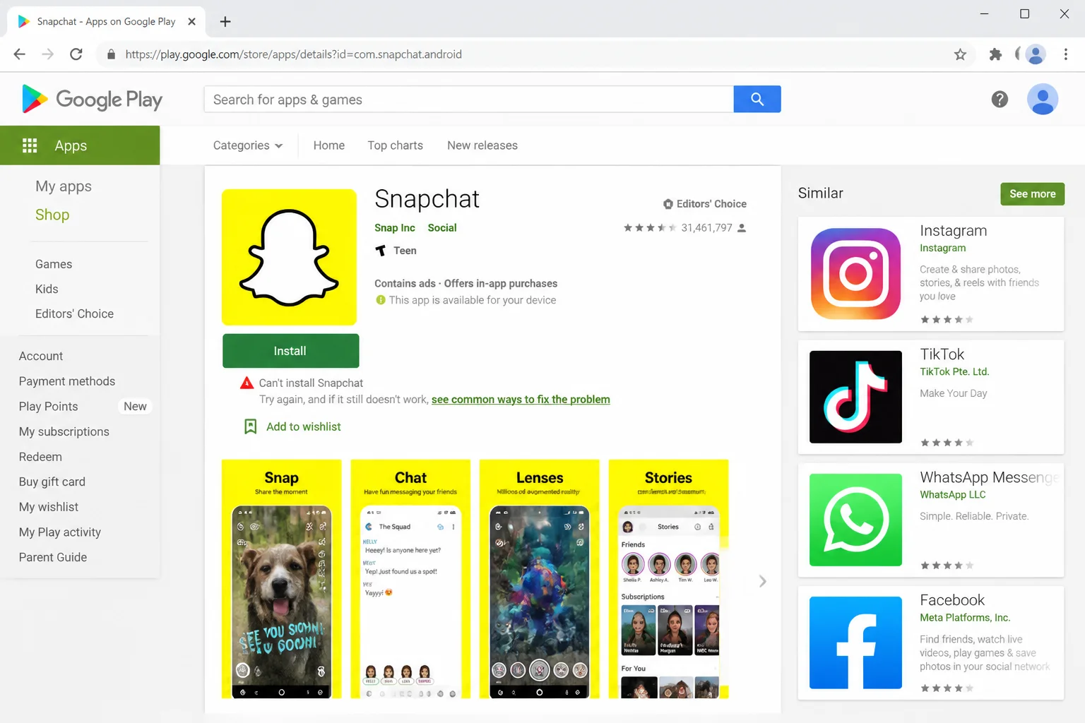 Public Google Play Store listing for Snapchat with the Install or Update control highlighted