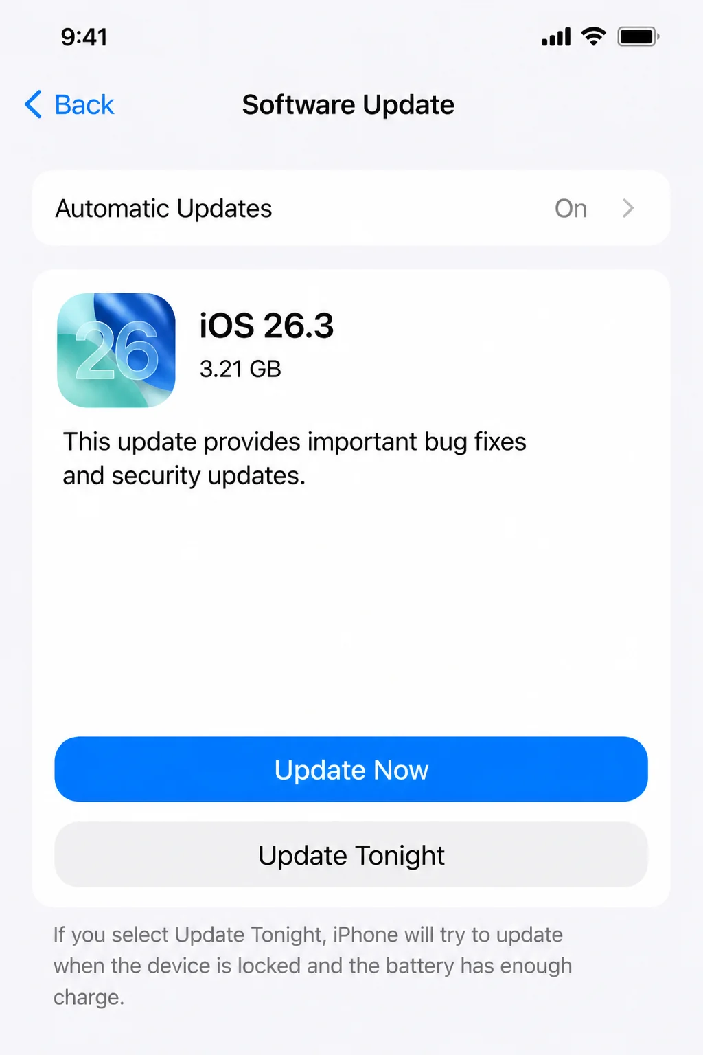 iPhone Software Update screen showing whether an iOS update is available