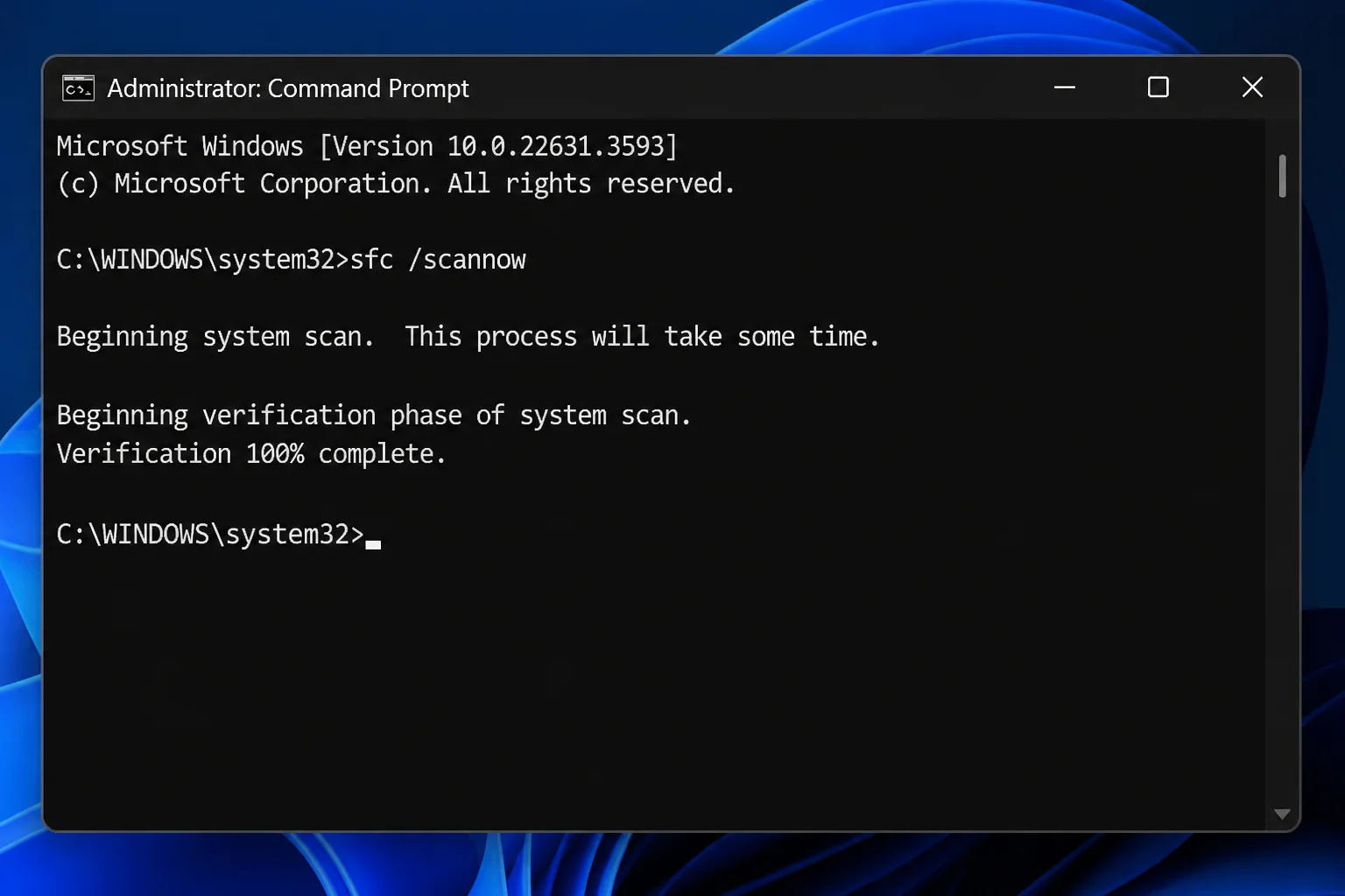 Command Prompt window running sfc /scannow with the scan progress and completion message visible