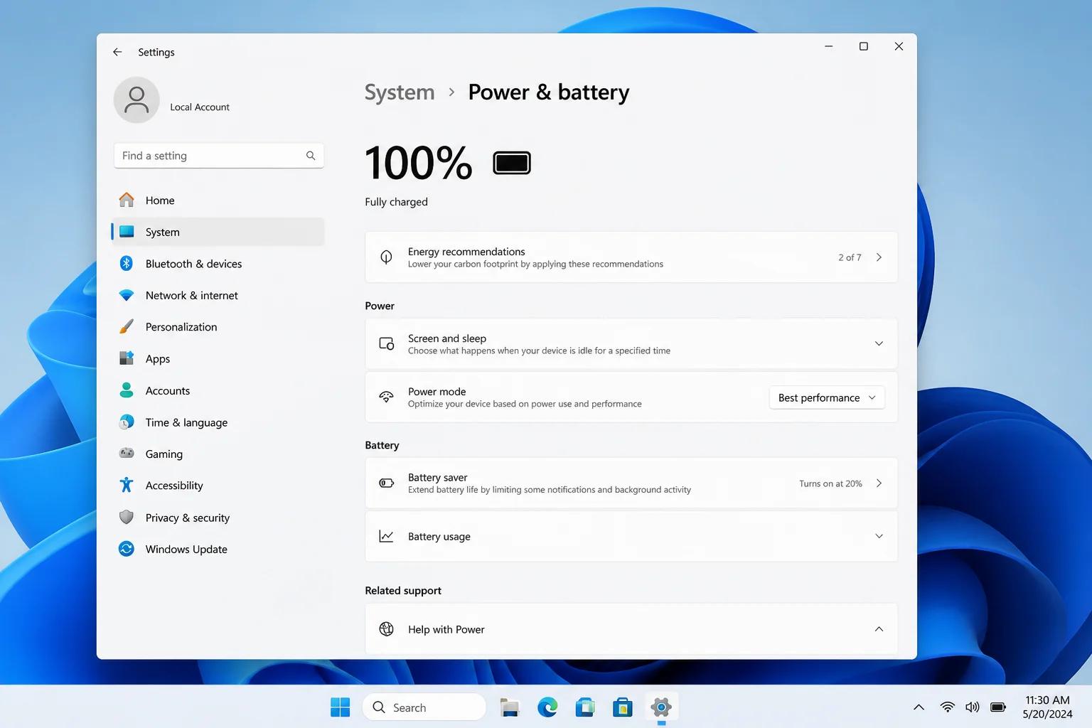 Settings > System > Power & battery page showing the Power mode dropdown set to Best performance