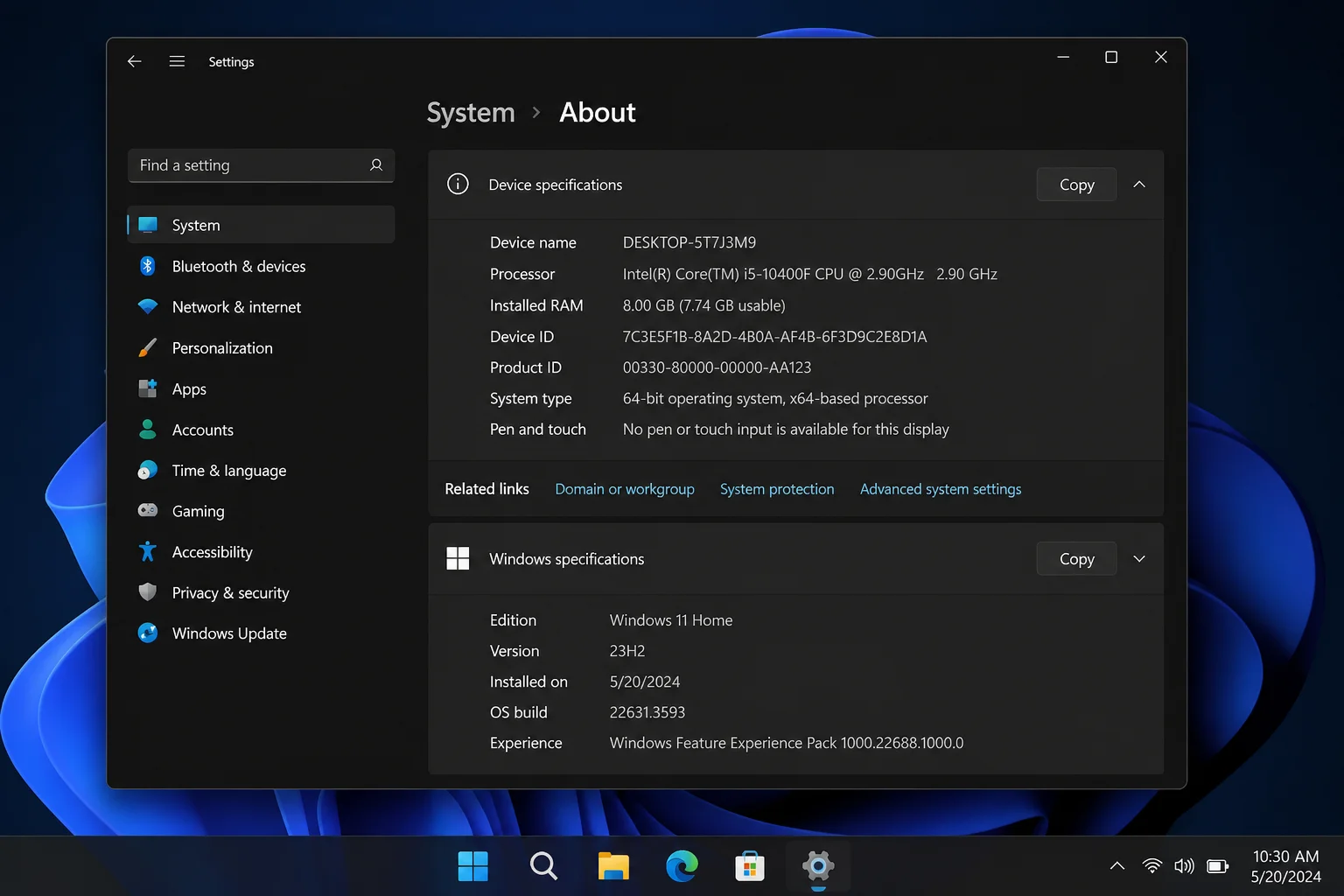 Settings > System > About page showing Installed RAM under Device specifications