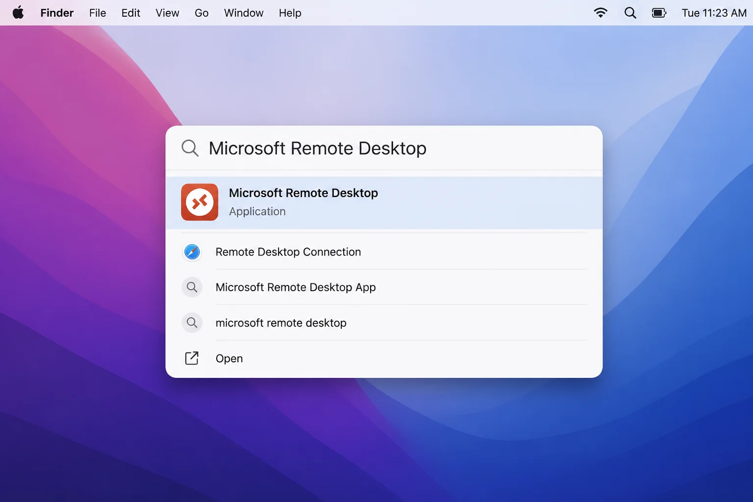 Spotlight search on macOS showing Microsoft Remote Desktop app result