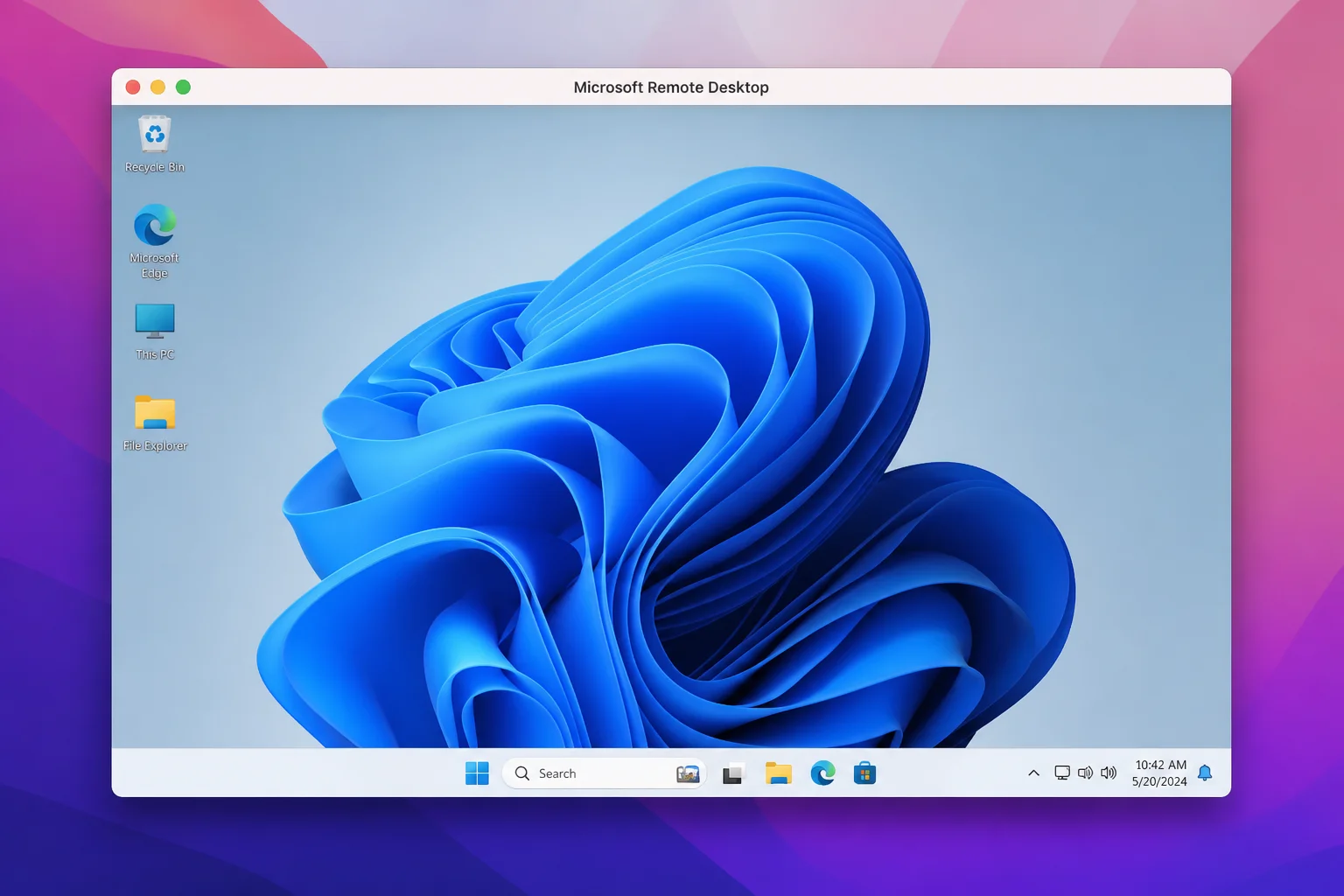 Microsoft Remote Desktop app on macOS connected to a Windows 11 PC showing the remote desktop session