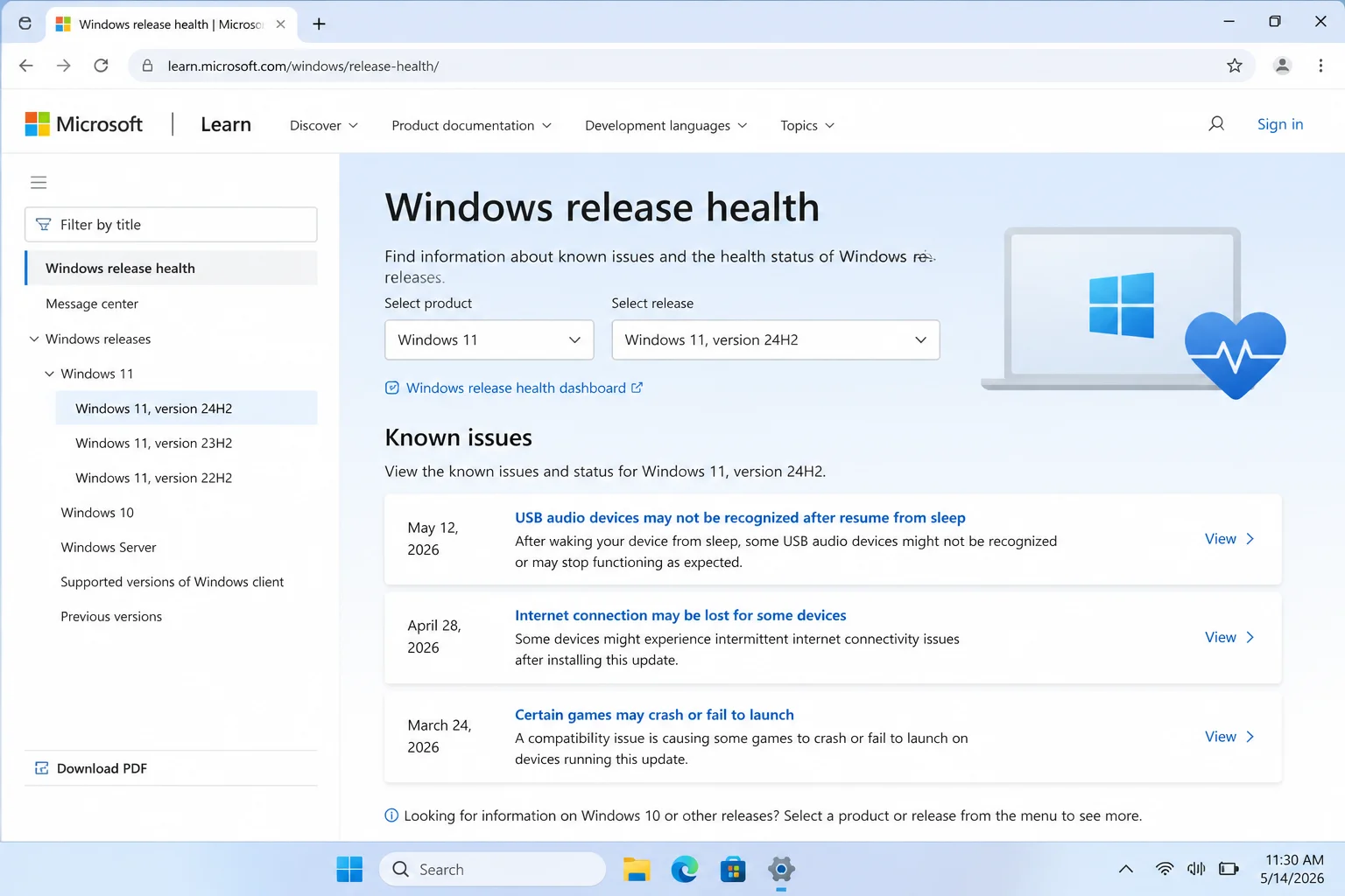Windows release health dashboard page in a browser showing known issues list for a Windows 11 version