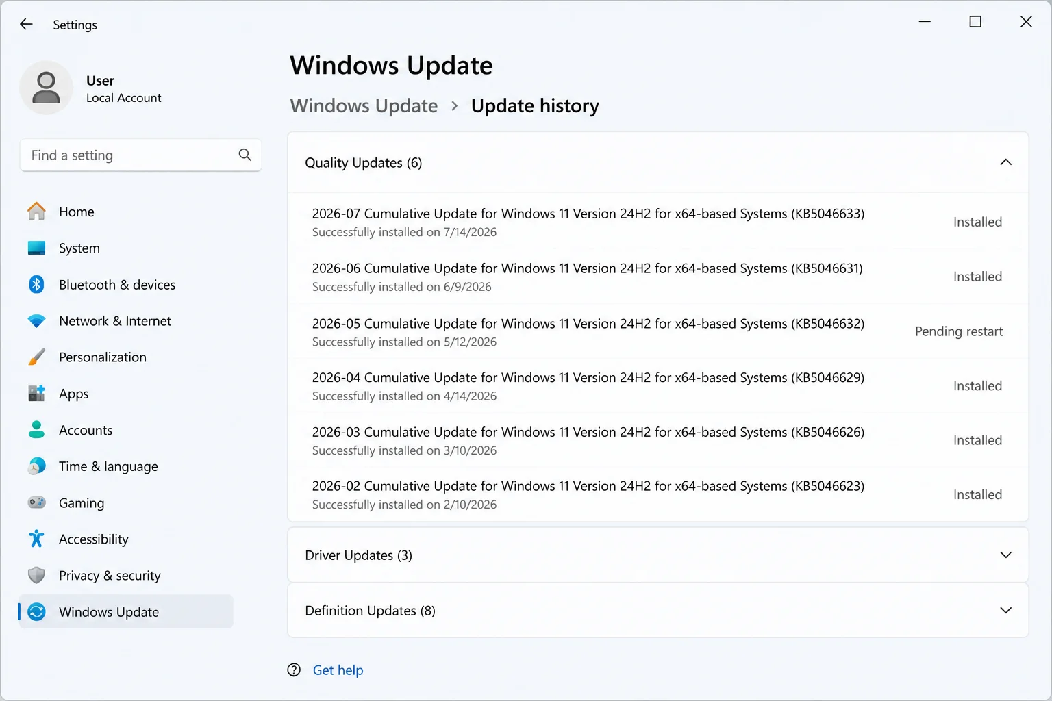 Settings > Windows Update > Update history screen listing installed updates with install dates