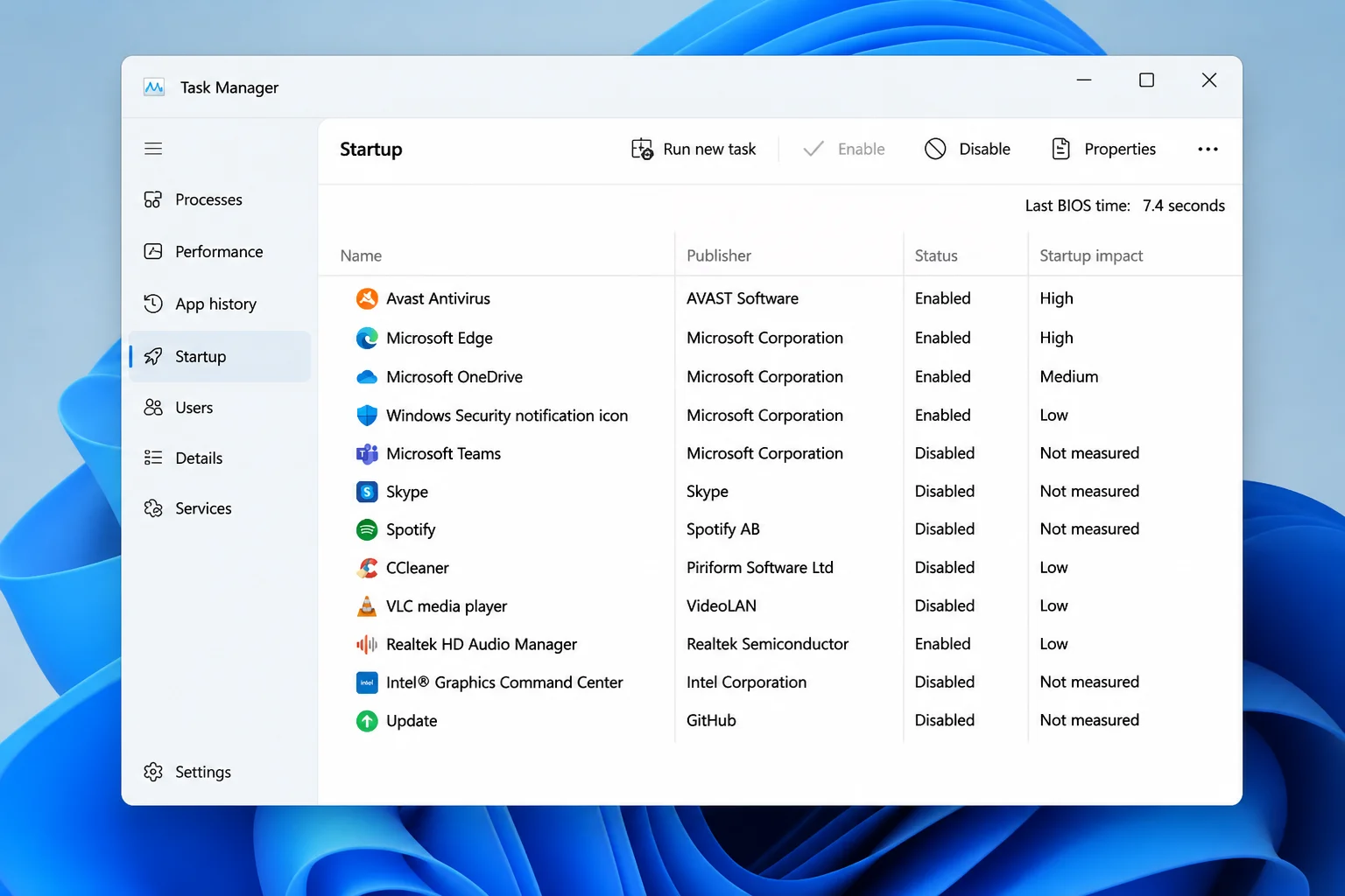 Task Manager Startup apps tab showing the app list, publisher column, and Startup impact ratings