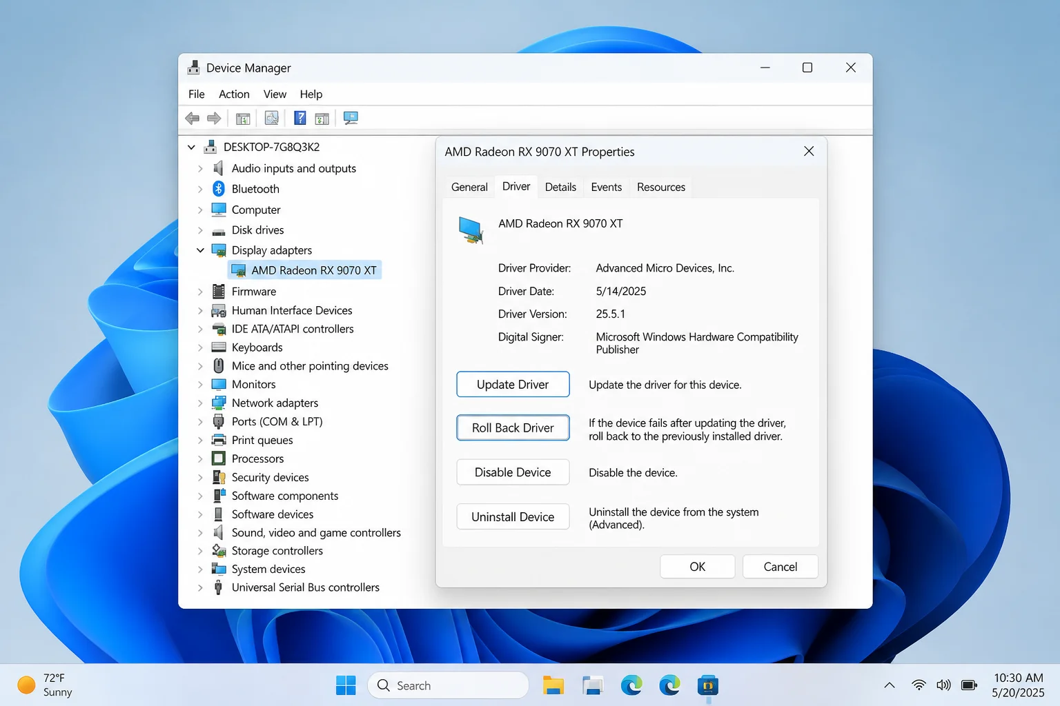 Device Manager with Display adapters expanded and the Driver tab showing Update Driver and Roll Back Driver buttons