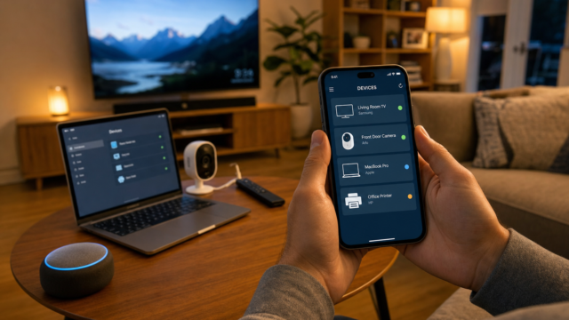 Person in a living room holds a smartphone showing a smart home app with connected devices like TV, camera, laptop, and printer nearby. - free-advanced-network-ip-and-port-scanner-security-tool-featured