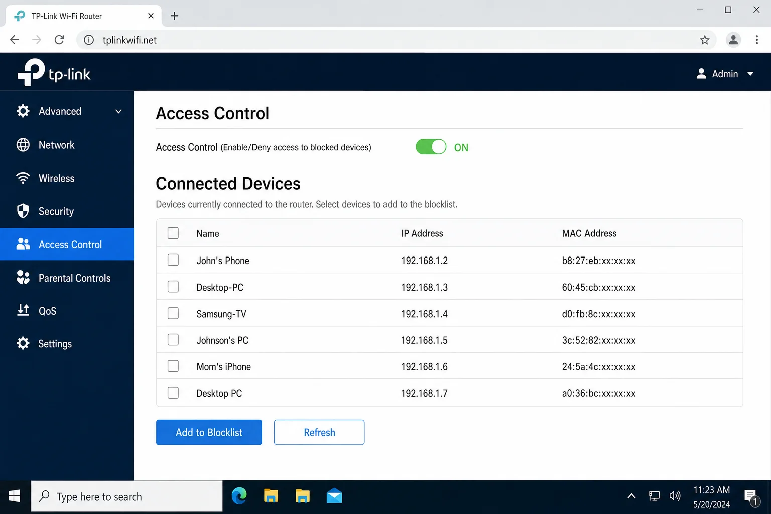 Router admin interface showing Connected Devices or Device List page with a table of device names, IP addresses, MAC addresses, and connection types