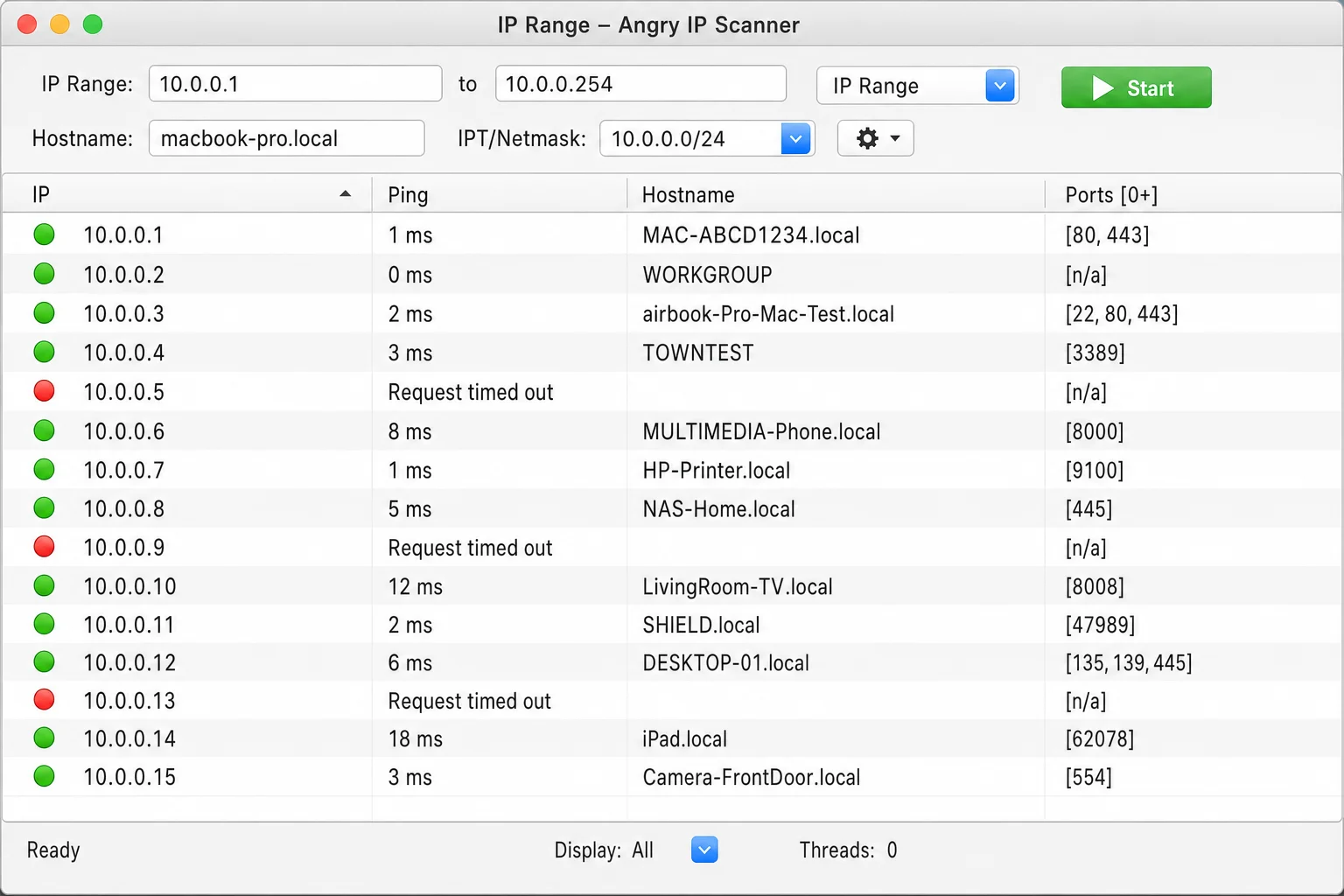 Angry IP Scanner on macOS showing scan results with a list of devices and their IP addresses, hostnames, and port status