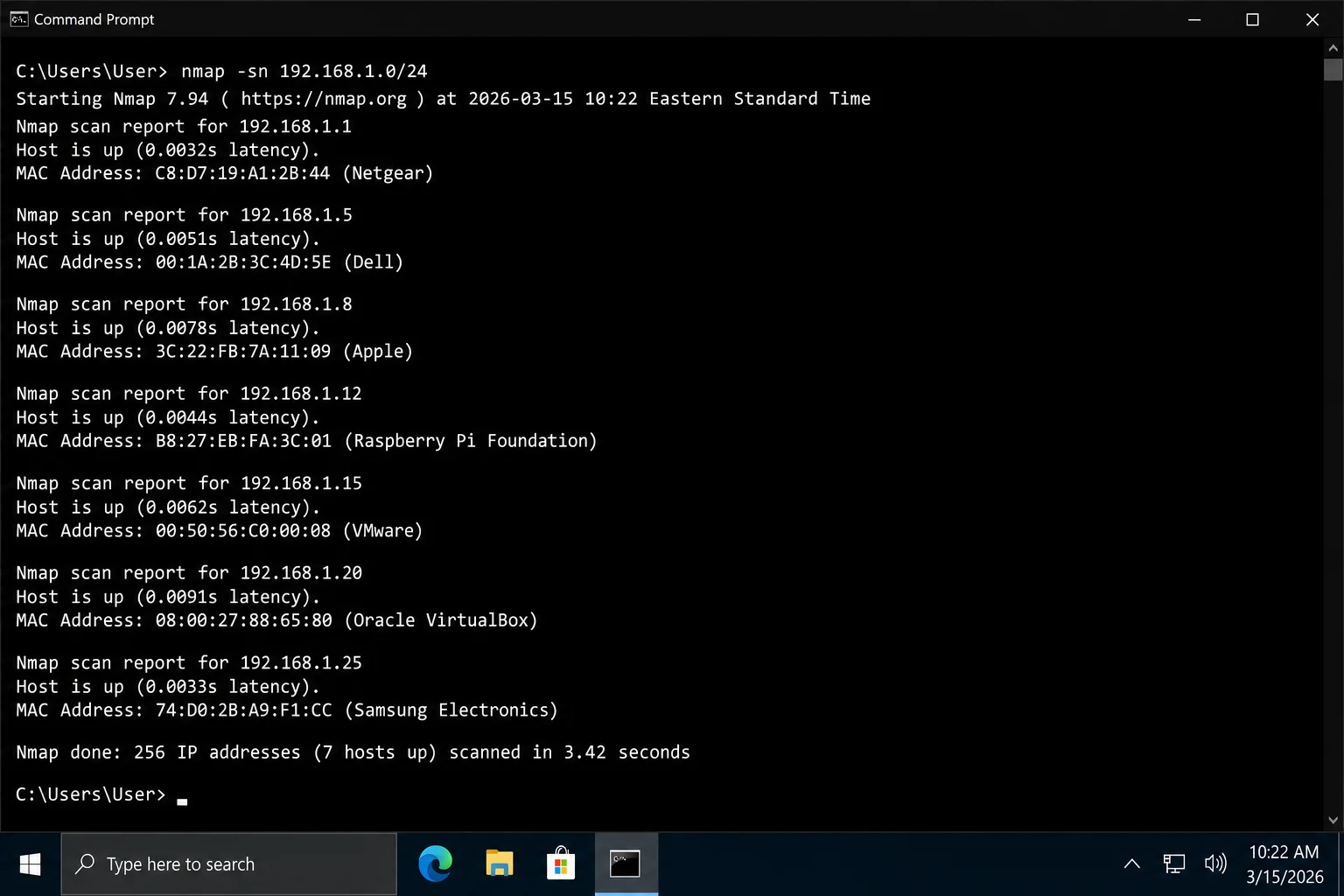 Windows Command Prompt showing the output of nmap -sn 192.168.1.0/24 with a list of discovered hosts, their IP addresses, and MAC addresses