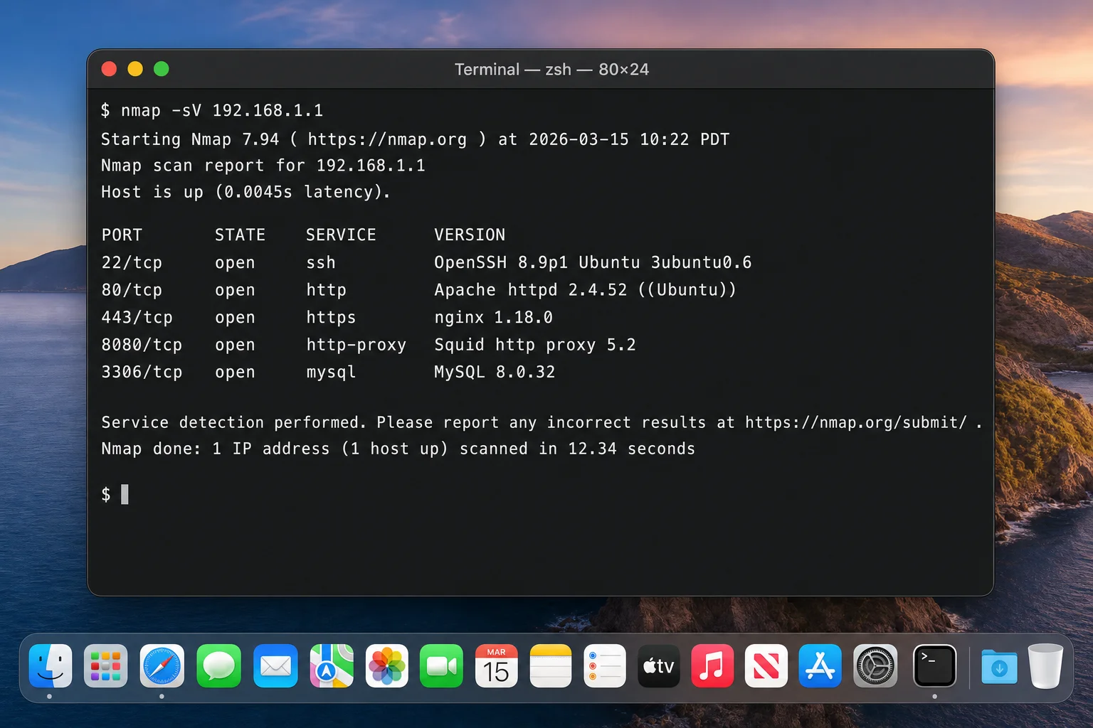 macOS Terminal showing the output of nmap -sV with a list of open ports, their service names, and version information for a scanned device