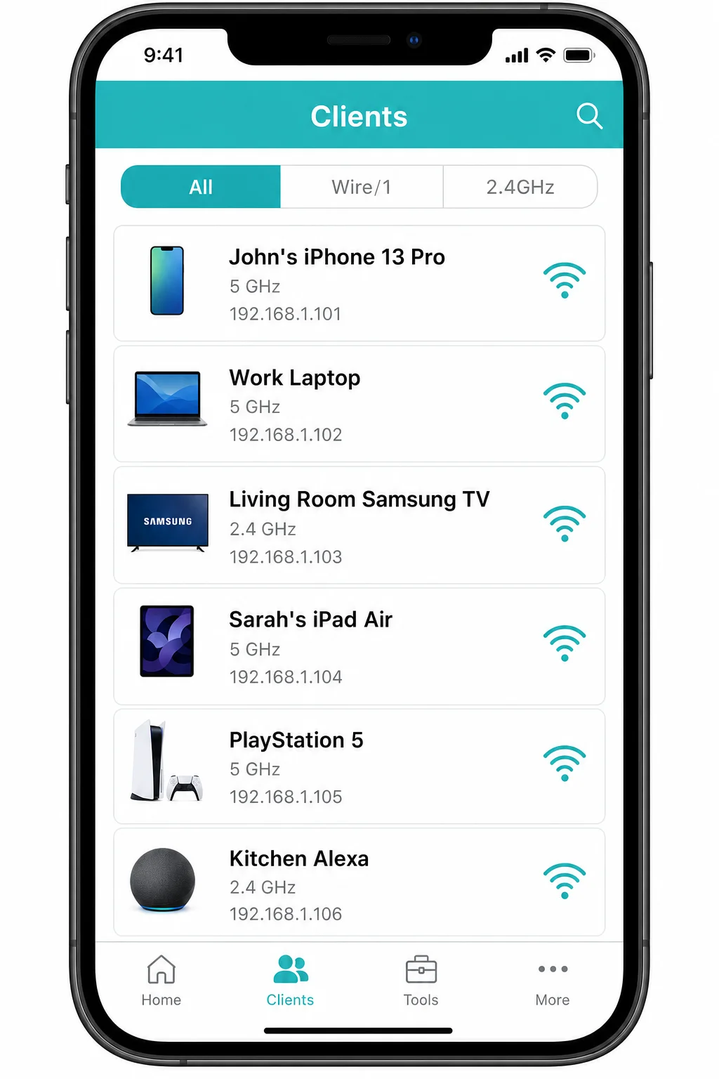 TP-Link Tether app showing the connected devices list with device names, IP addresses, and connection status