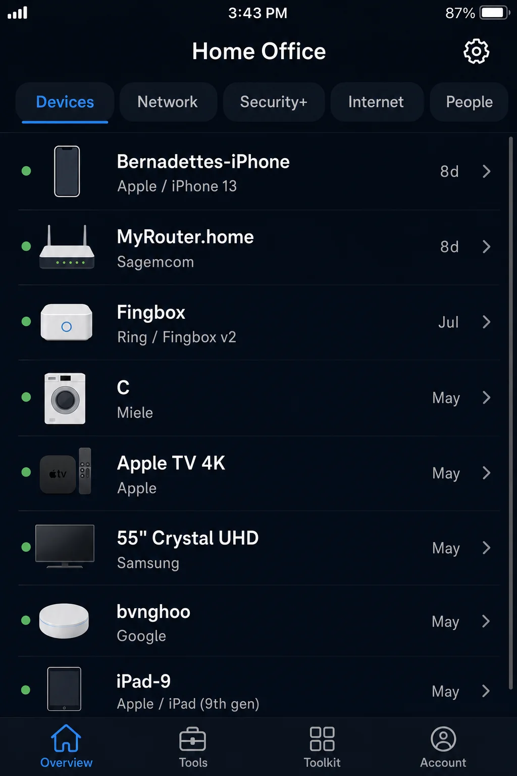 Fing app showing the Devices screen with a list of network devices, each showing device name, vendor, and IP address