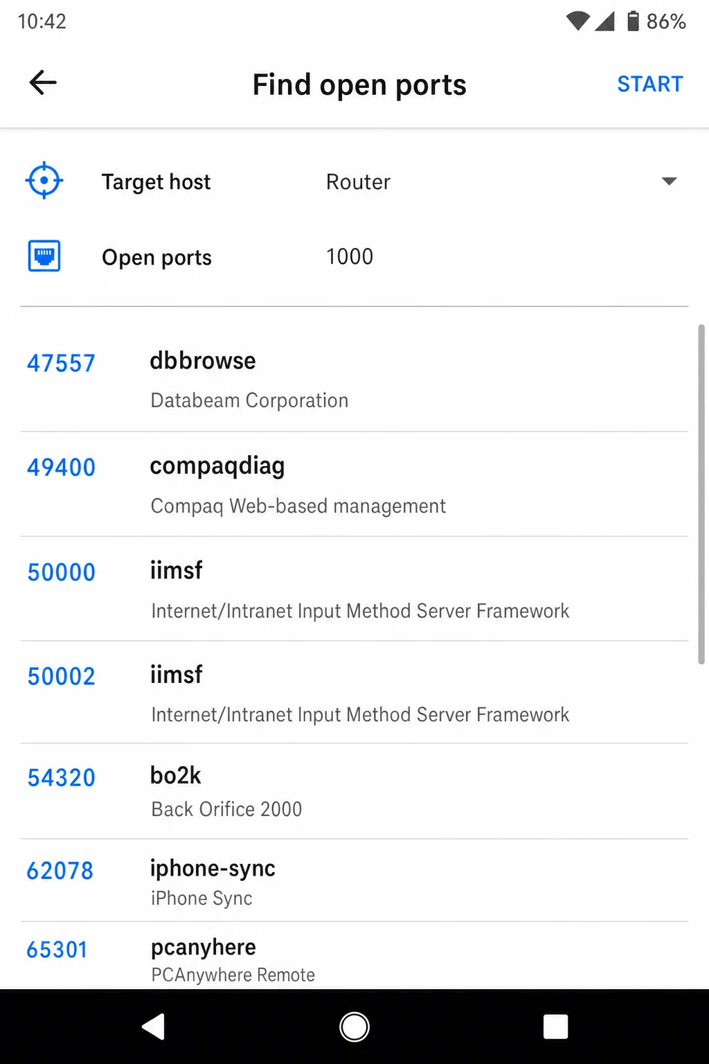 Fing app showing the device detail screen with the Services or Find open ports option highlighted, and a list of detected open ports