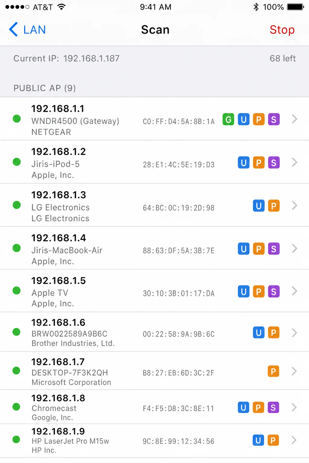 Network Analyzer app showing the LAN scan results with a list of devices and colored status indicators for pingable, Bonjour, gateway, and UPnP services