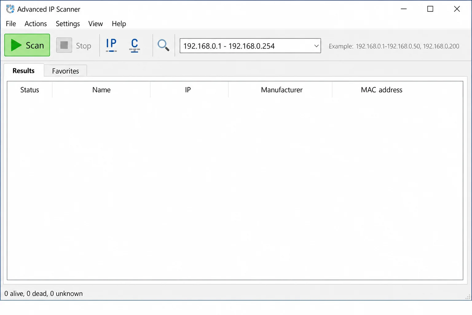 Advanced IP Scanner main window showing the IP address range field pre-filled and the Scan button highlighted