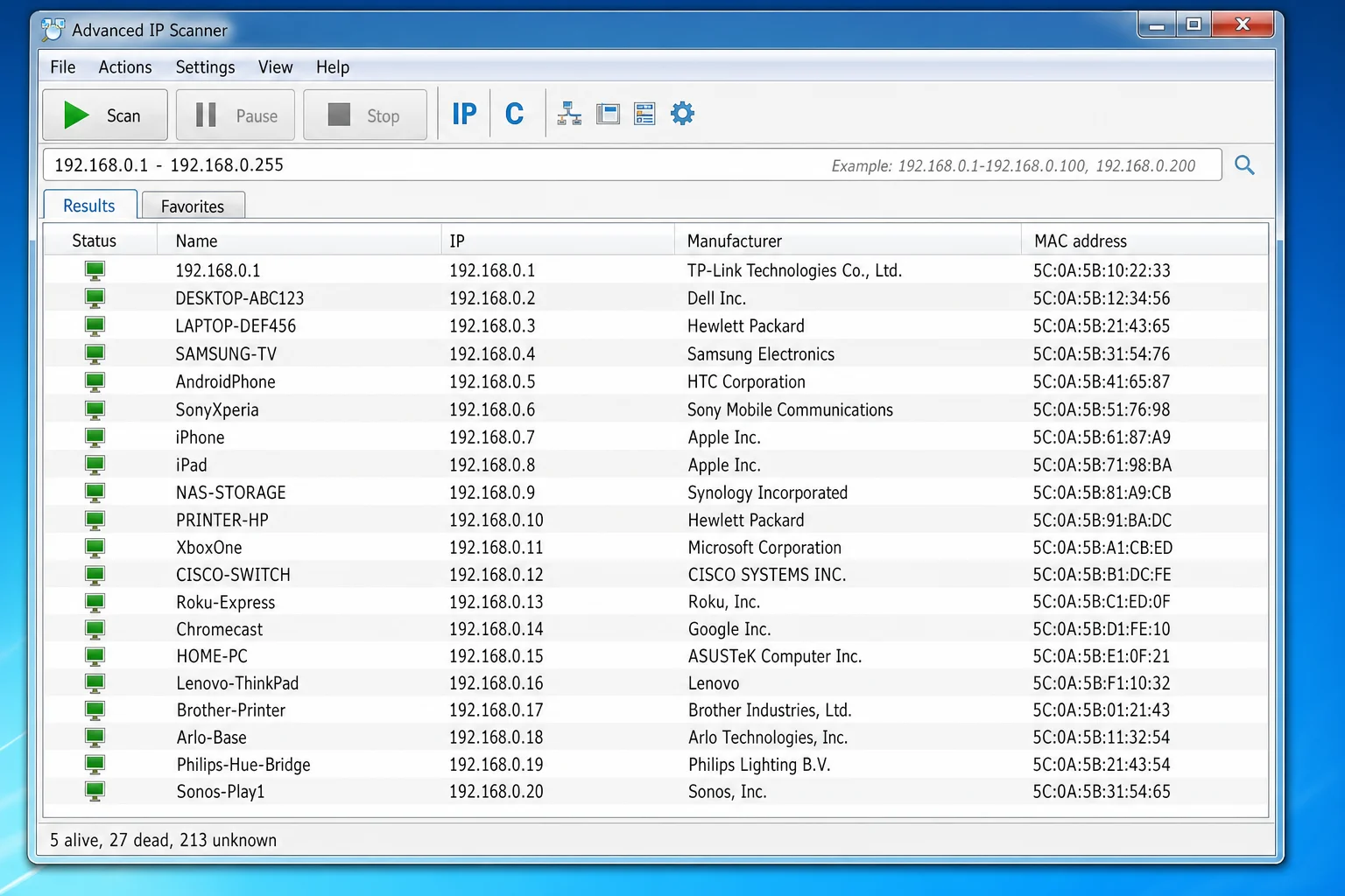 Advanced IP Scanner showing scan results with a list of devices including device name, IP address, manufacturer, and MAC address columns