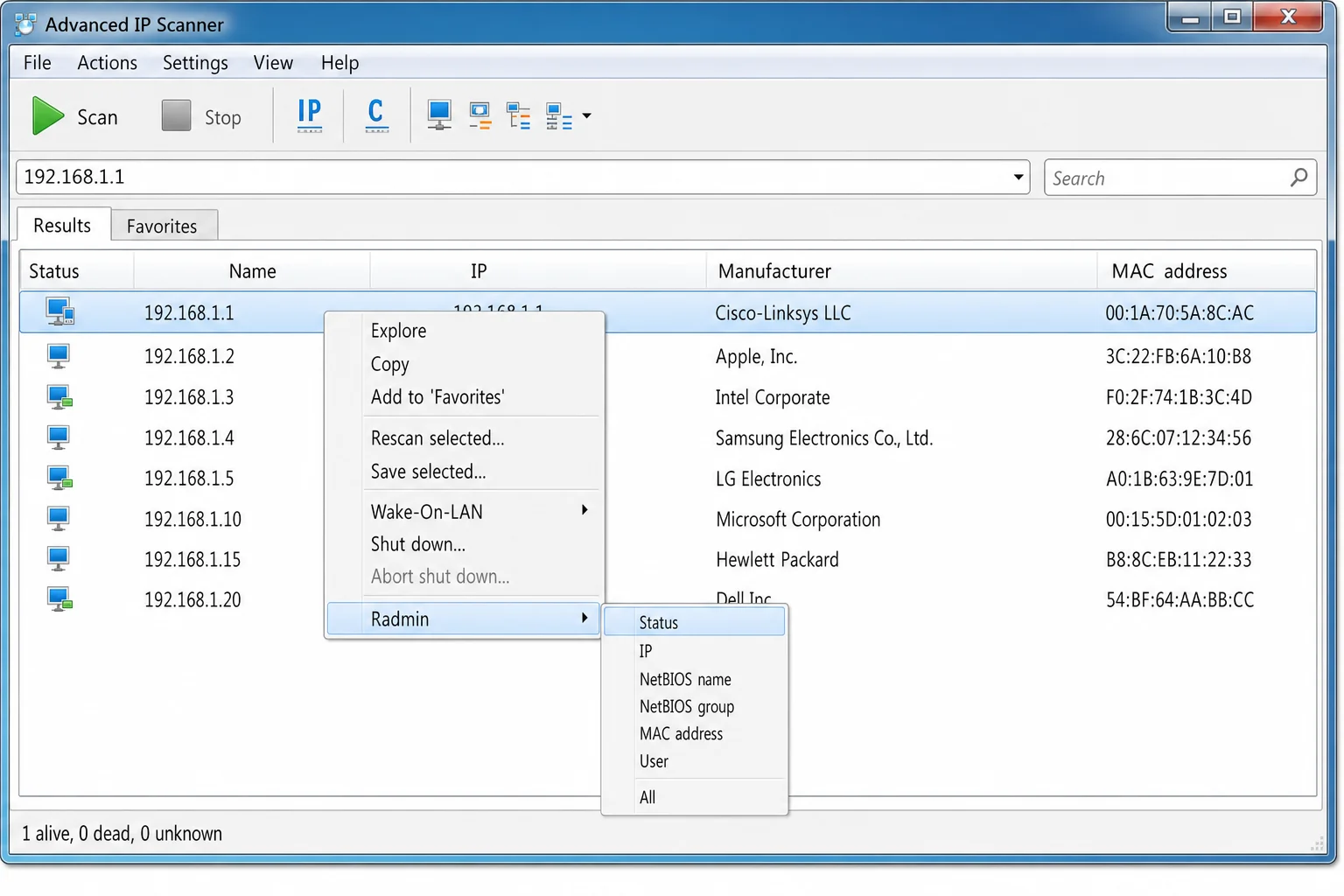 Advanced IP Scanner right-click context menu on a device showing options like Open in browser, Connect via Remote Desktop, and Show device info